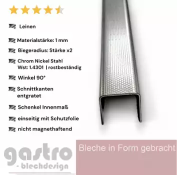 Edelstahl U-Profil , einseitig Leinen dessiniert,1,0 mm stark